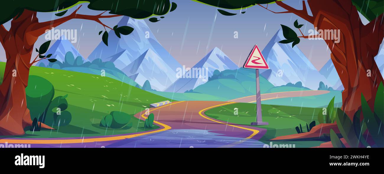 Rainy mountain landscape with winding road. Vector cartoon illustration of curvy serpentine highway with puddles and warning sign, old trees, green bushes and grass, rainfall pouring from cloudy sky Stock Vector