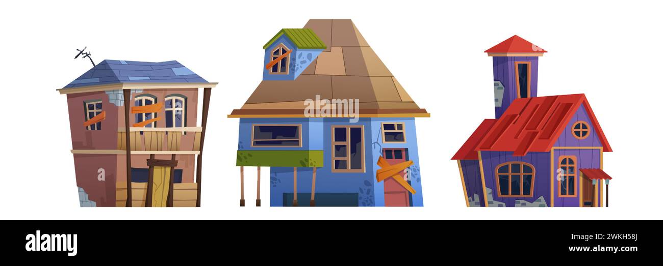 Broken abandoned house buildings with windows and door closed with wooden boards, destroyed cracked dirty walls with moss, damaged roof. Cartoon vector set of city ruin homes and dilapidated shack. Stock Vector