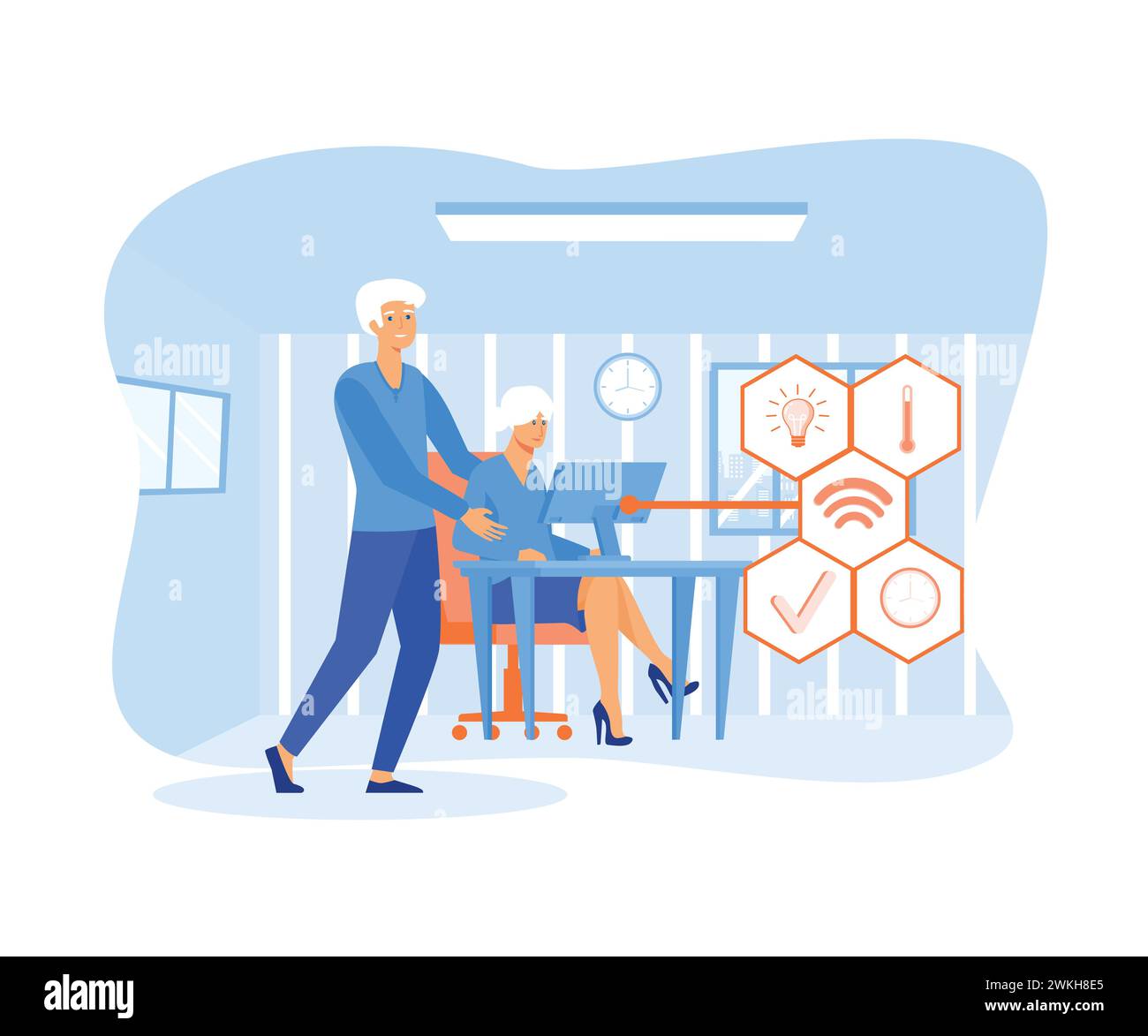 Elderly couple holding remote home control system on a digital tablet. Grey haired pensioner in eyeglasses helping his wife with new smart phone app. Stock Vector