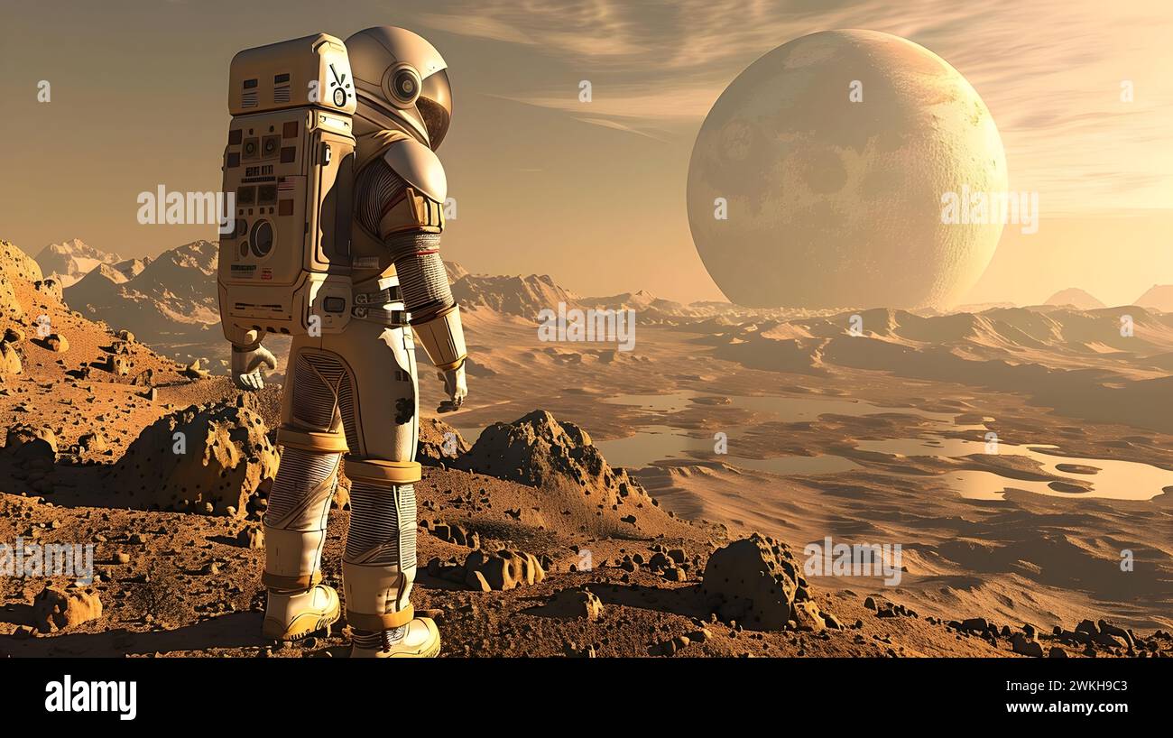An astronaut in a space suit stands on the red Martian terrain gazing ...
