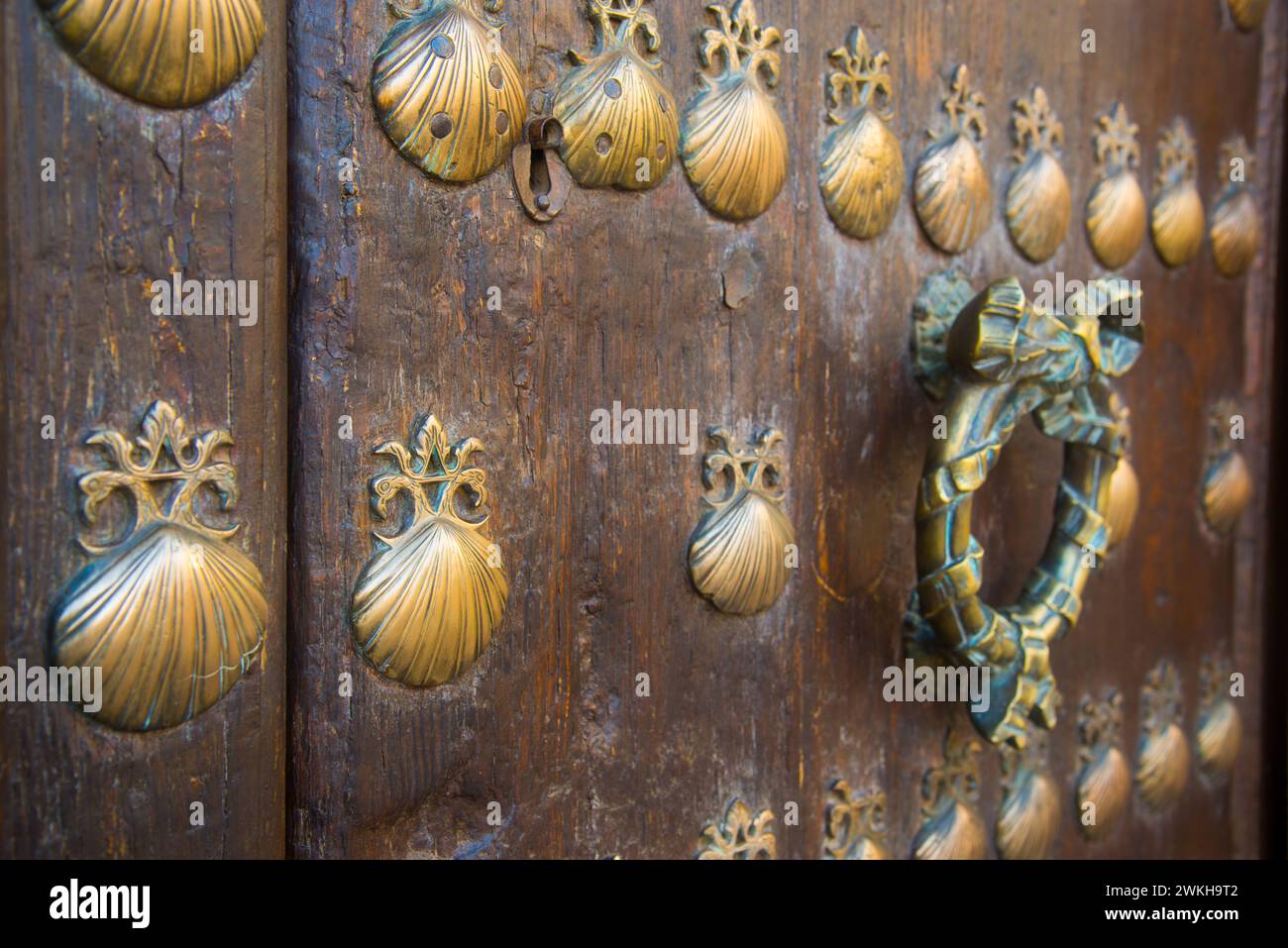Traditional wooden door and knocker. Villanueva de los Infantes, Ciudad Real province, Castilla La Mancha, Spain. Stock Photo