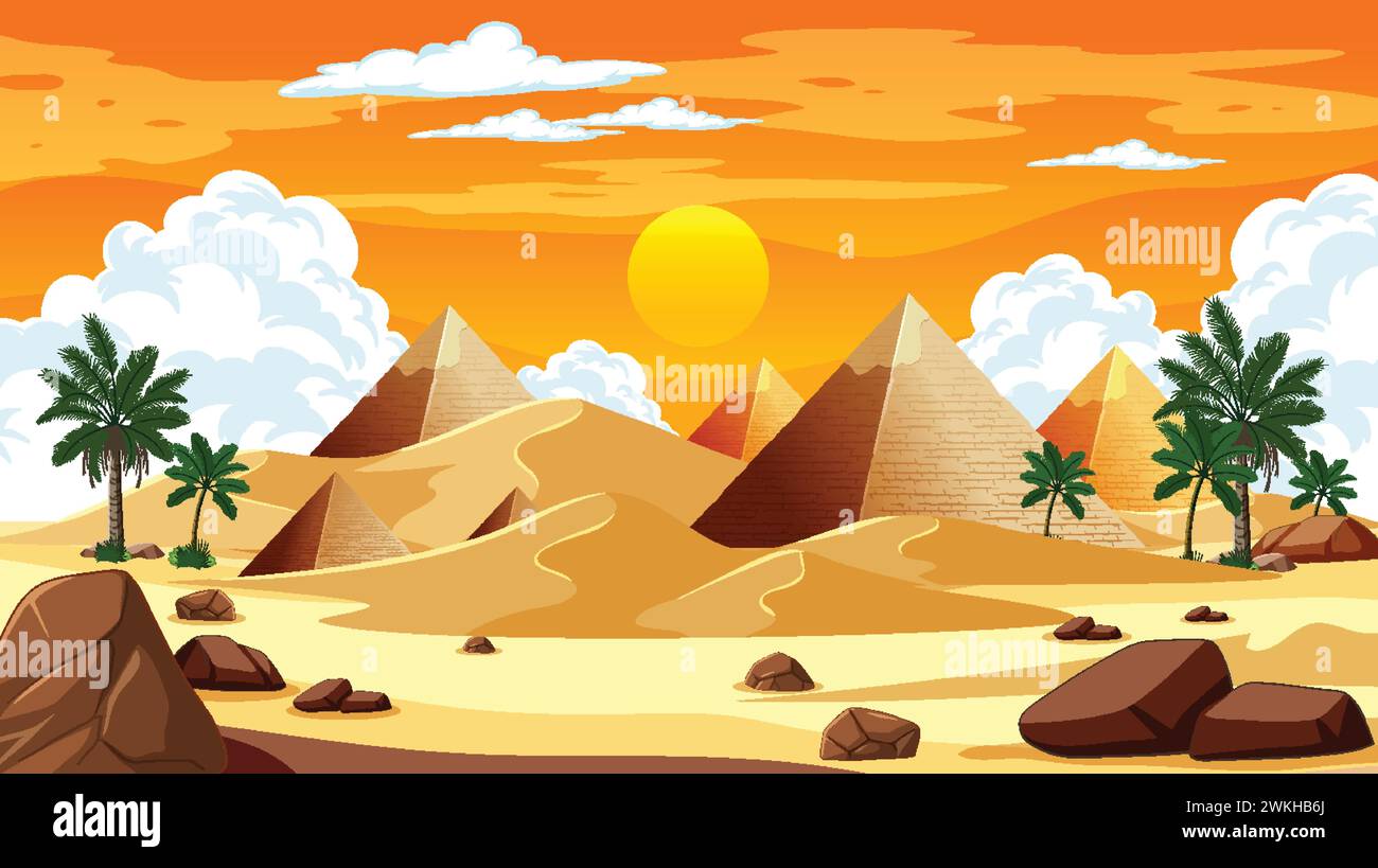 Vector illustration of pyramids in a desert at sunset Stock Vector ...