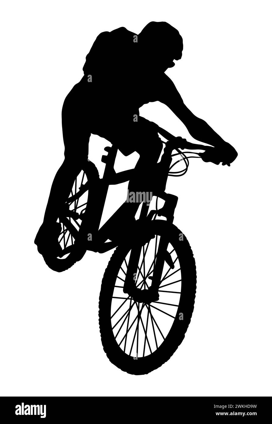 Man riding a mountain bike, black and white silhouette Stock Vector
