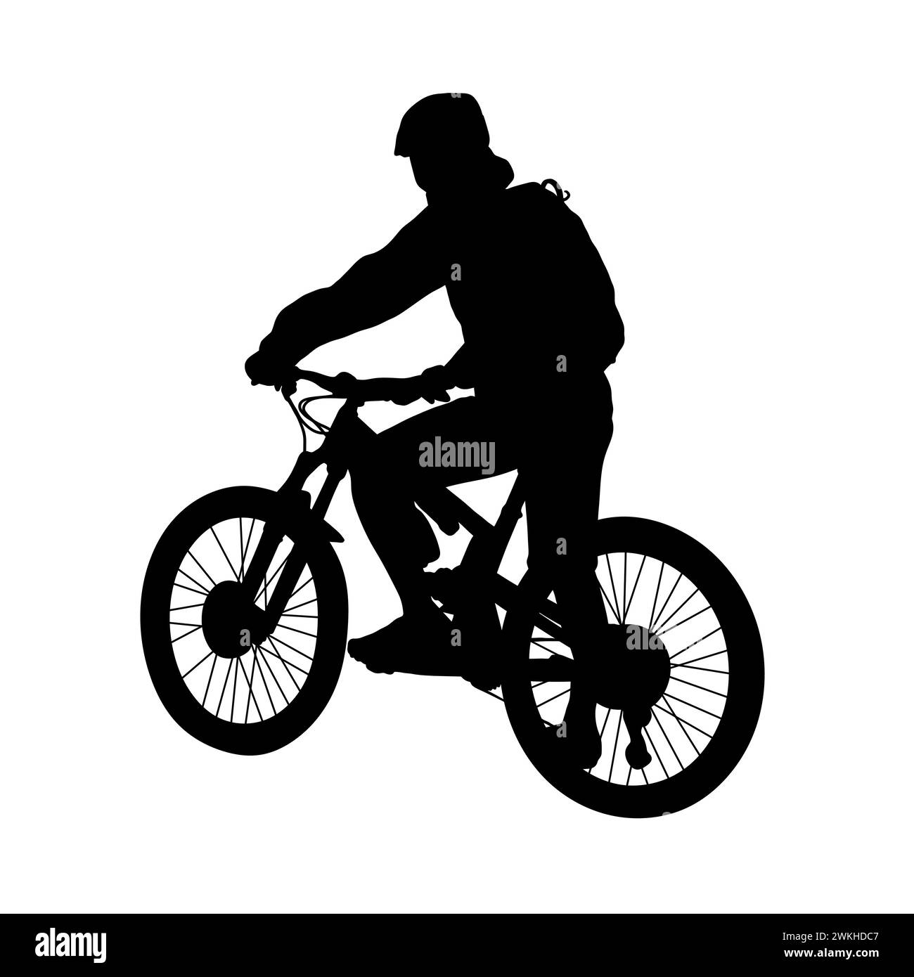 Man riding a mountain bike, black and white vector silhouette Stock