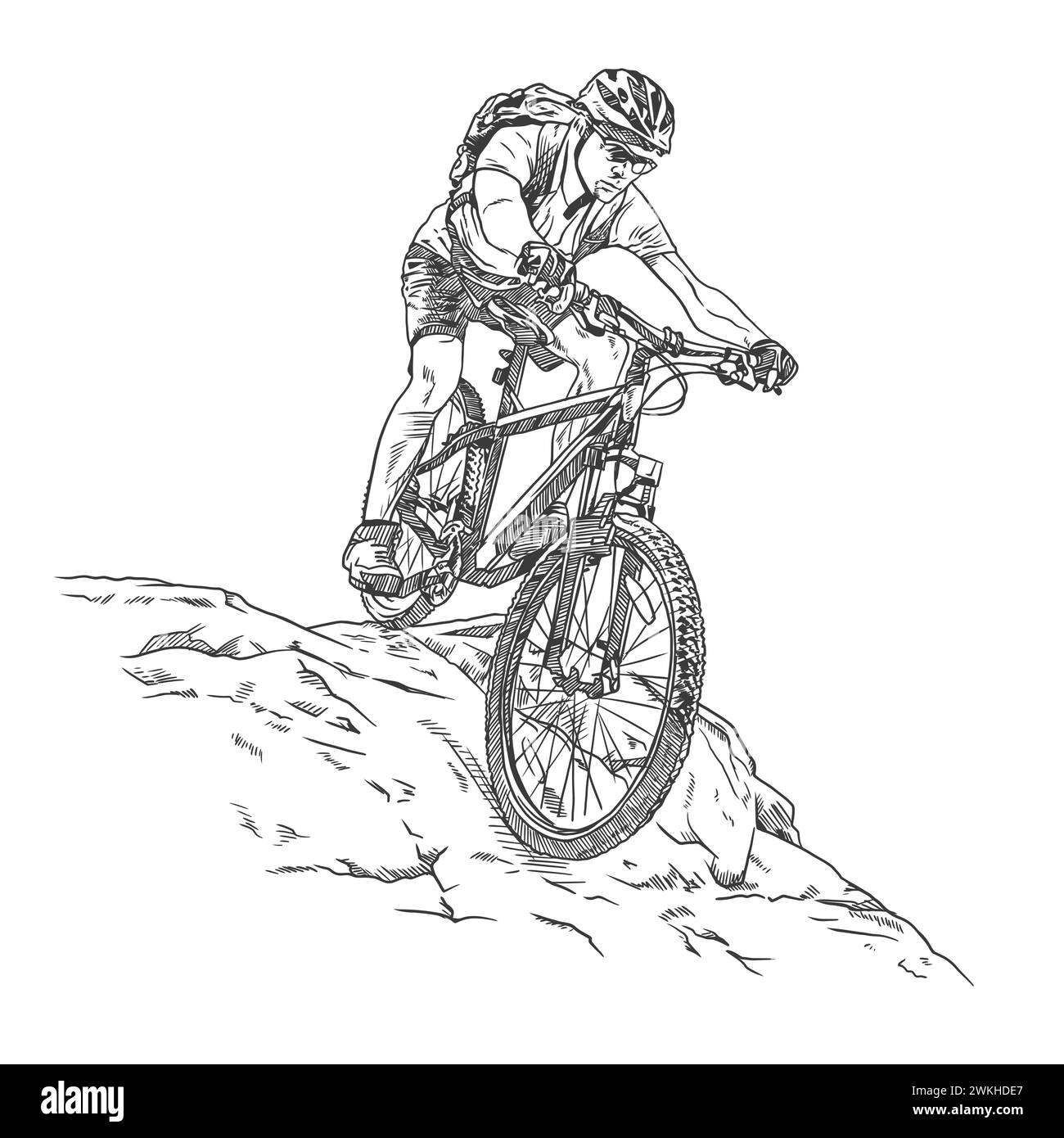 Man riding a mountain bike, black and white hand drawn sketch Stock