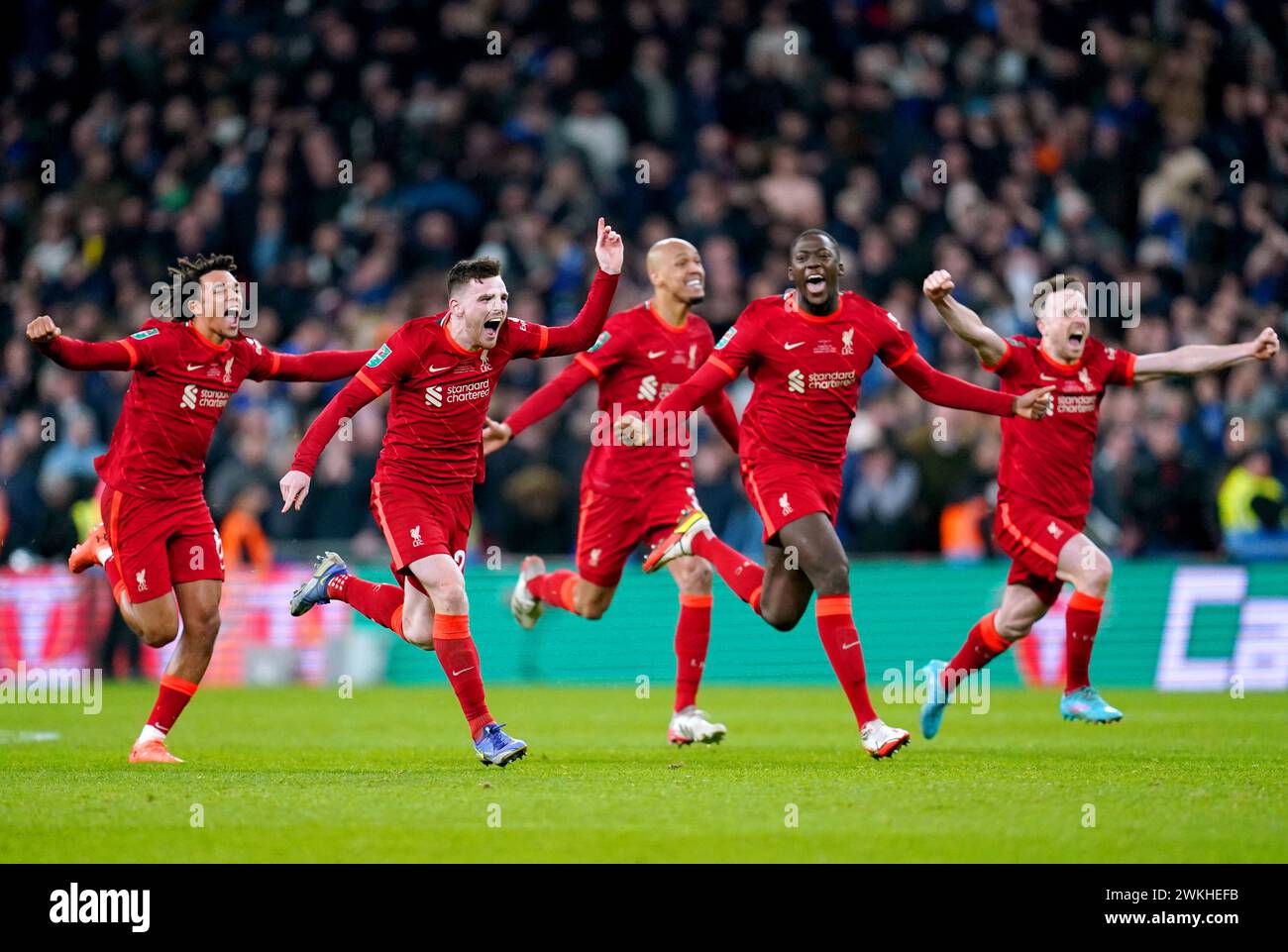 File photo dated 27-02-2022 of Liverpool players celebrate after winning the Carabao Cup final. Sunday's reunion at Wembley is a repeat of the 2022 Carabao Cup final, which had an epic shoot-out settled by Reds goalkeeper Caoimhin Kelleher scoring his side's 11th attempt and Kepa Arrizabalaga missing his. Issue date: Wednesday February 21, 2024. Stock Photo