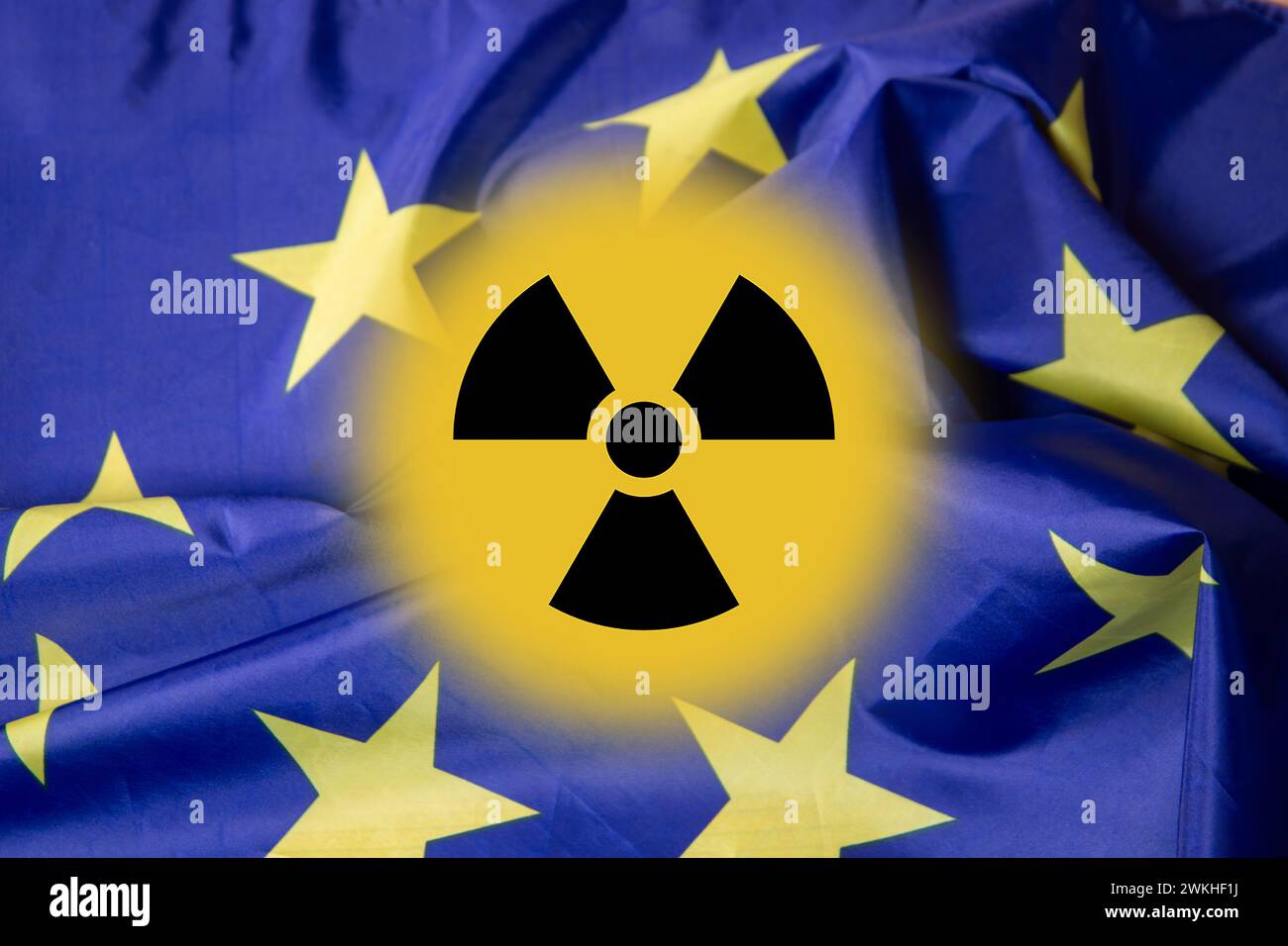 February 2024: Symbol for nuclear on the flag of the European Union (Composing). A debate about nuclear armament has flared up in Germany after Katari Stock Photo
