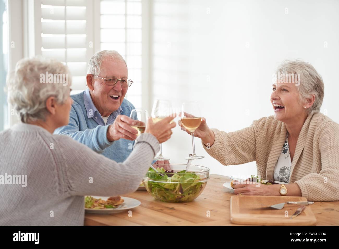 Wine, toast and senior friends at lunch in home with smile, celebration and bonding in retirement. Food, drinks and cheers with glass, old man and Stock Photo