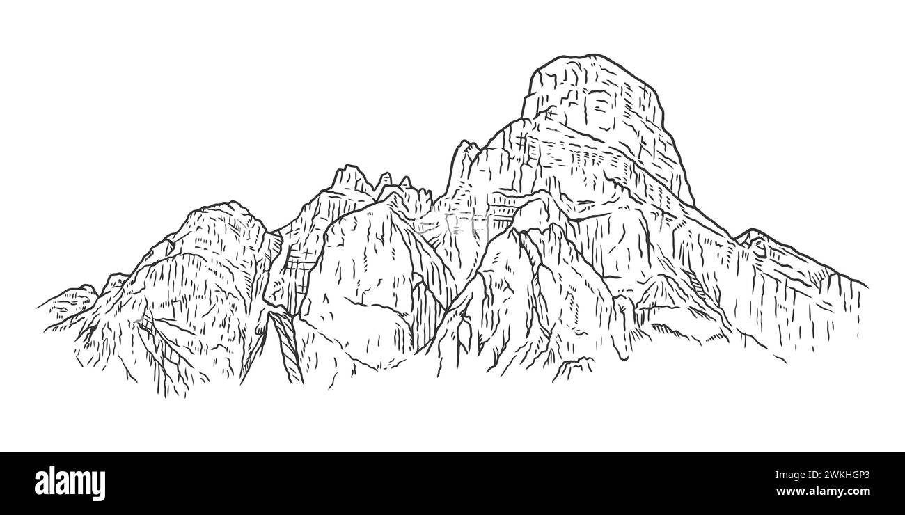 Rocky alpine mountain scenery landscape, ink sketch style isolated on