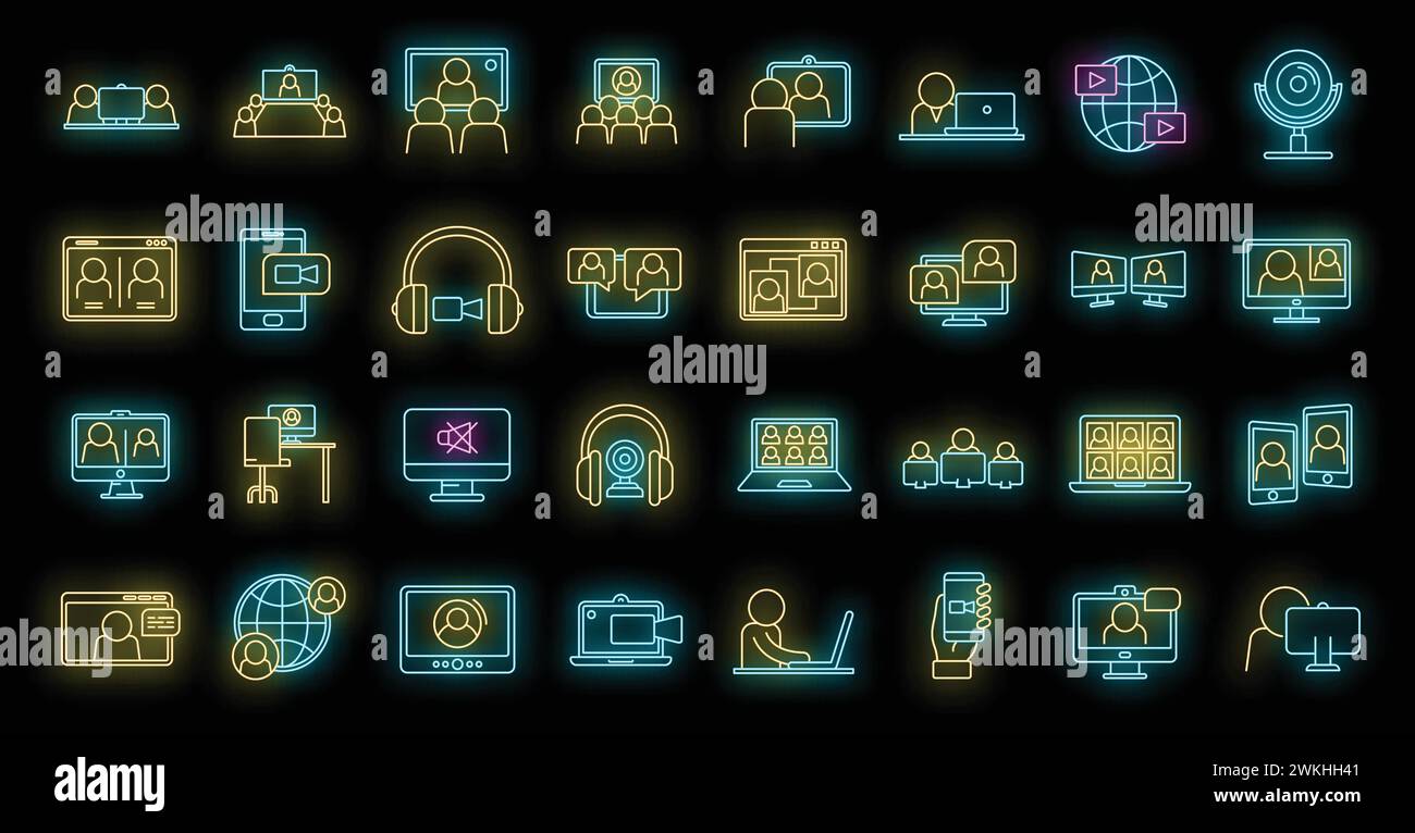 Live online meeting icons set. Outline set of live online meeting vector icons neon color on black Stock Vector