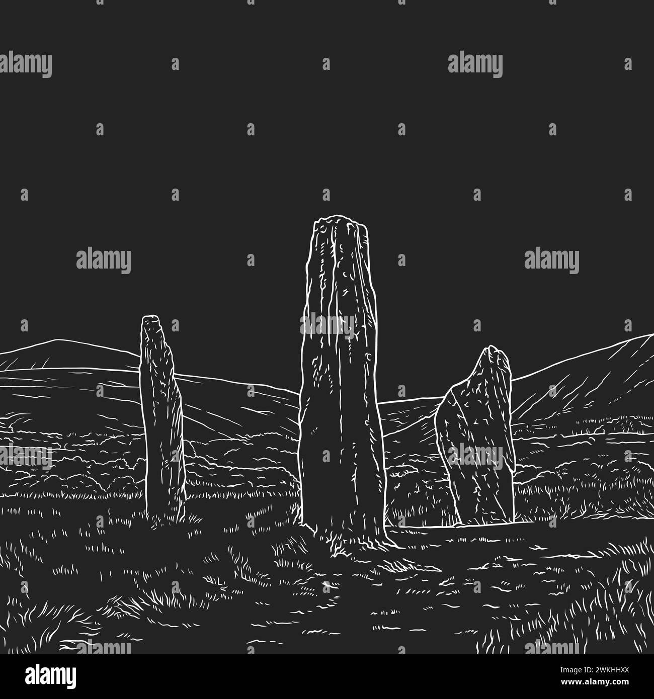 Stone boulders stand tall on the ground in mountainous areas. Vector