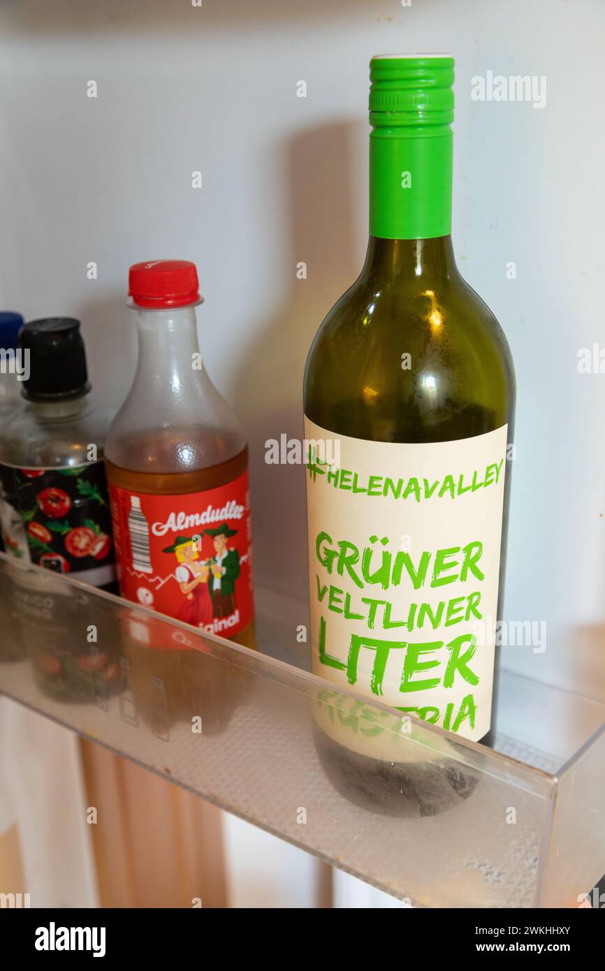 Grüner Veltliner and Almdudler in a fridge door, Vienna, Austria. Stock Photo