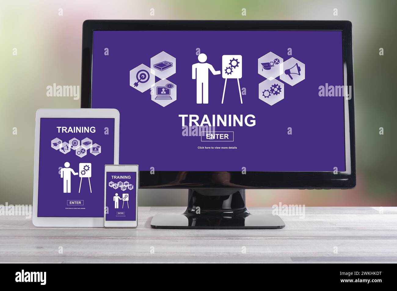 Training concept shown on different information technology devices Stock Photo