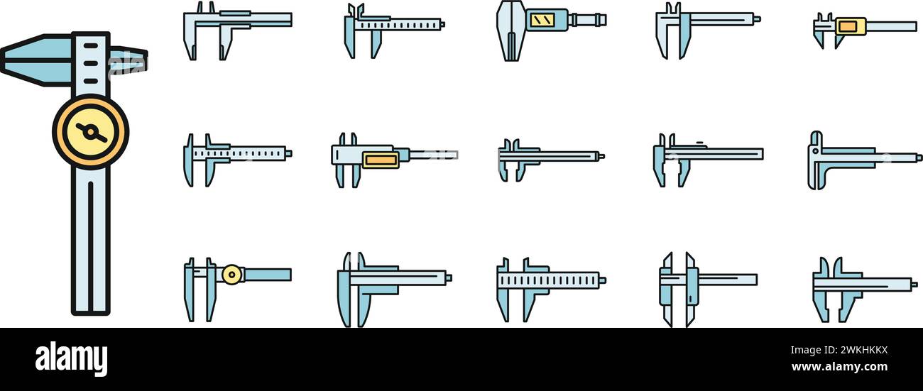 Calibrated calipers icons set outline vector. Control device. Construction calipers Stock Vector
