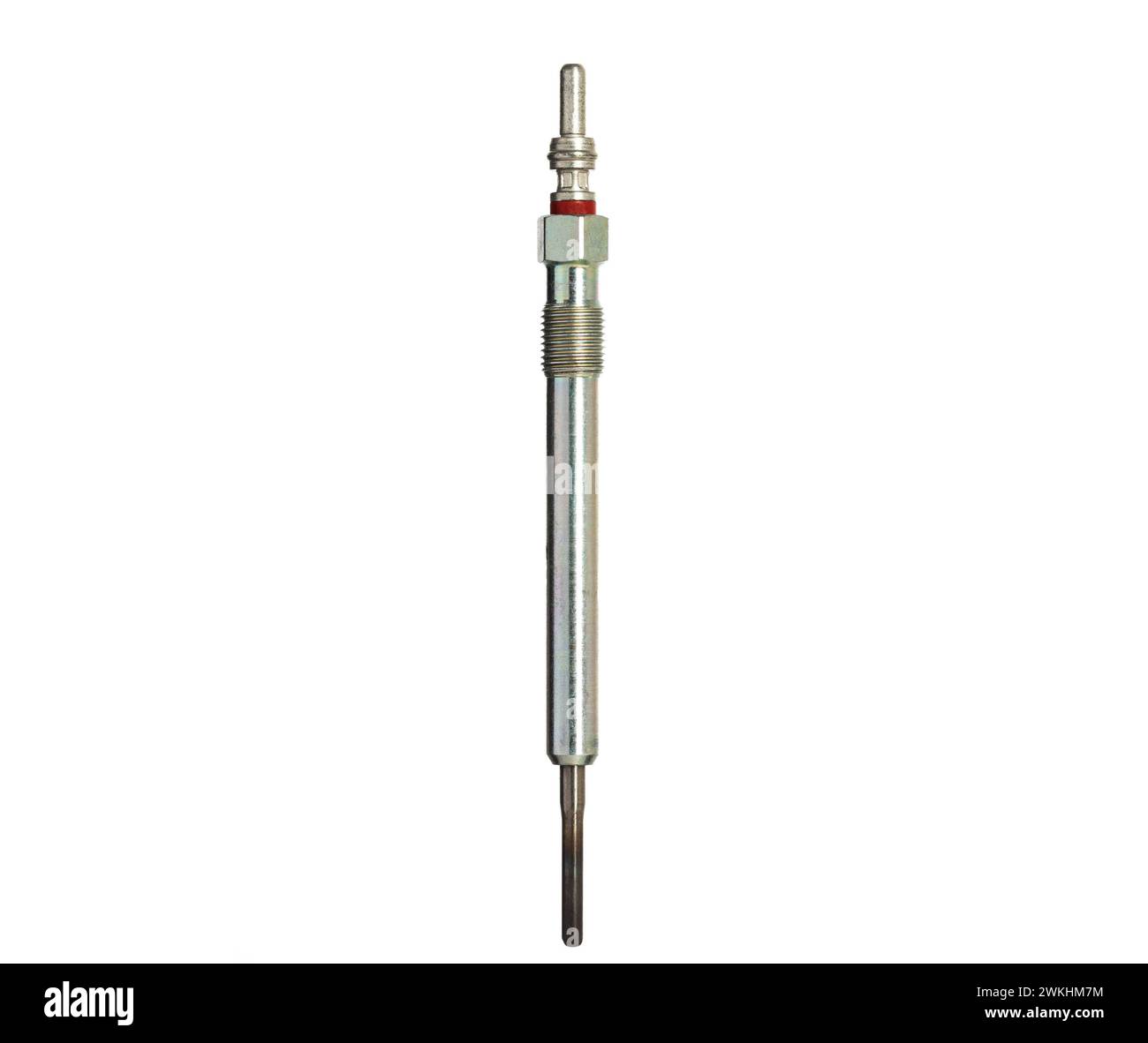 Modern ceramic rod glow plug for diesel engine on a white background, isolate, close-up. Heating element of a car combustion chamber. Stock Photo