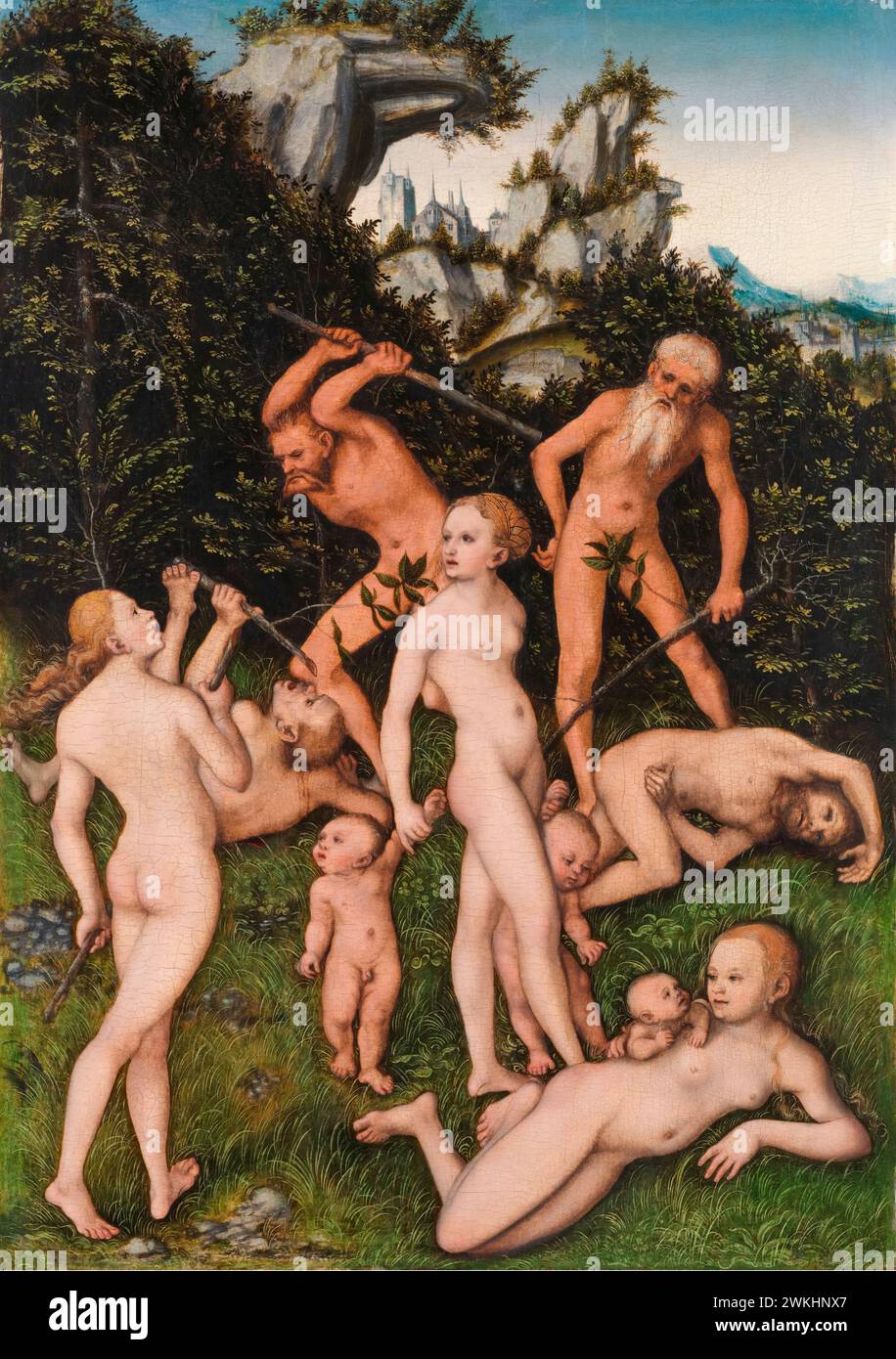 Lucas Cranach the Elder, The Fruits of Jealousy, The Close of the Silver Age, painting in oil on wood, circa 1530 Stock Photo