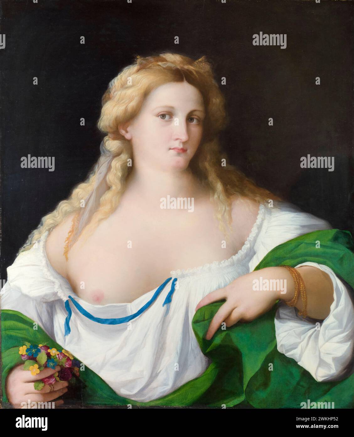 Palma Vecchio, A Blonde Woman, portrait painting in oil on wood, circa 1520 Stock Photo