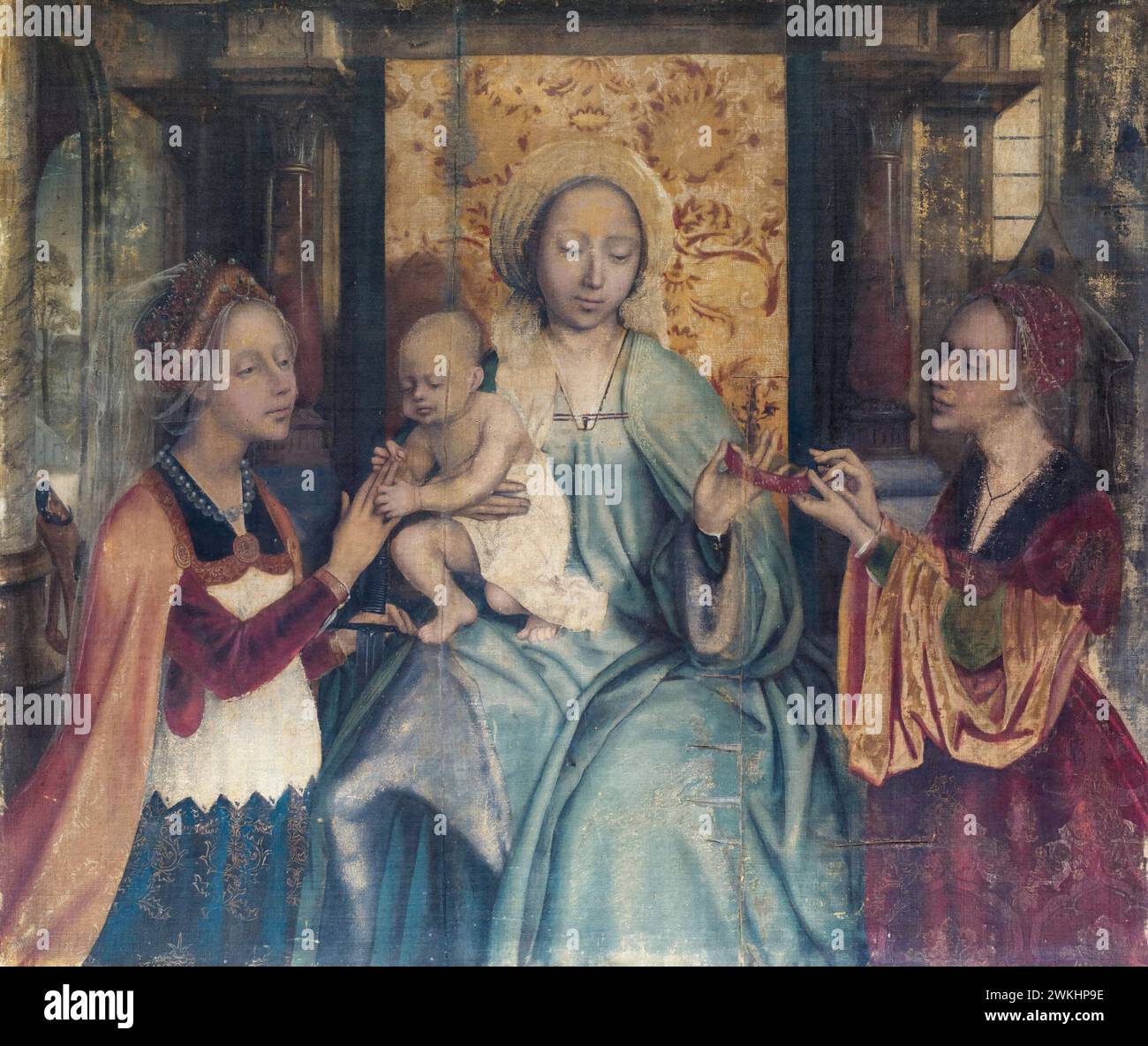Quinten Massys, 16th Century Netherlandish cloth painting, The Virgin and Child with Saints Catherine and Barbara, glue on linen, 1515-1525 Stock Photo