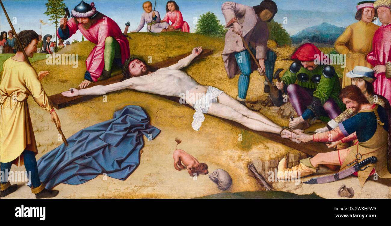 Gerard David, Christ Nailed to the Cross, painting in oil on oak, circa 1481 Stock Photo