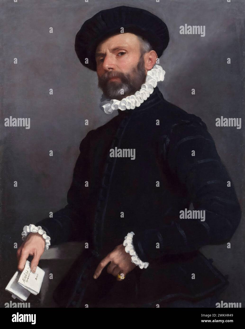Giovanni Battista Moroni, Portrait of a Man holding a Letter, painting in oil on canvas, circa 1570 Stock Photo