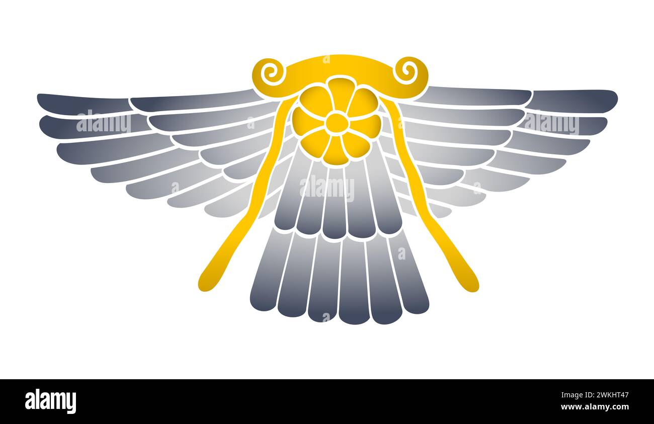 Winged solar disk of god Ashur, a sun emblem with wings. Symbol of Ashshur, the main god of Assyrian mythology in Mesopotamian religion. Stock Photo