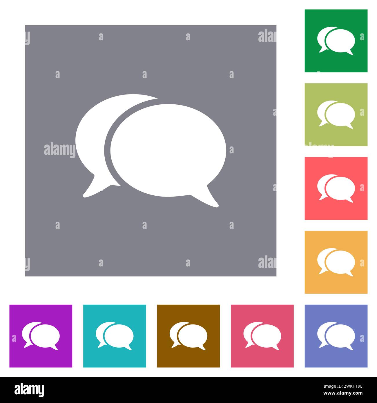 Two oval chat bubbles solid flat icons on simple color square backgrounds Stock Vector