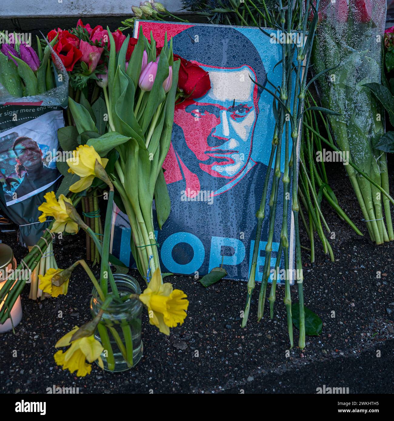 Copenhagen, February 21, 2024 flowers in front of the russian embassy in memory of Aleksej Navalnyj Stock Photo