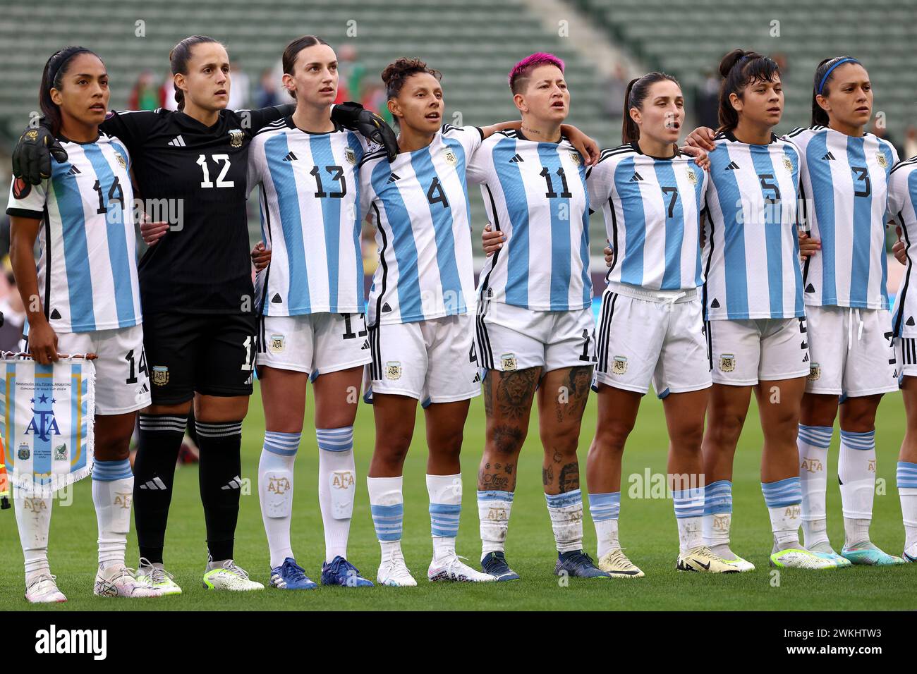 Carson, United States. 20th Feb, 2024. Carson, United States, February 20th 2024: Miriam Mayorga, Laurina Oliveros, Sophia Braun, Julieta Cruz, Yamila Rodriguez, Romina Nunez, Vanina Preininger and Eliana Stabile of Argentina stand for the national anthem during the Concacaf Women Gold Cup 2024 football match between Mexico and Argentina at Dignity Health Sports Park in Carson, United States. (Katelyn Mulcahy/SPP) Credit: SPP Sport Press Photo. /Alamy Live News Stock Photo
