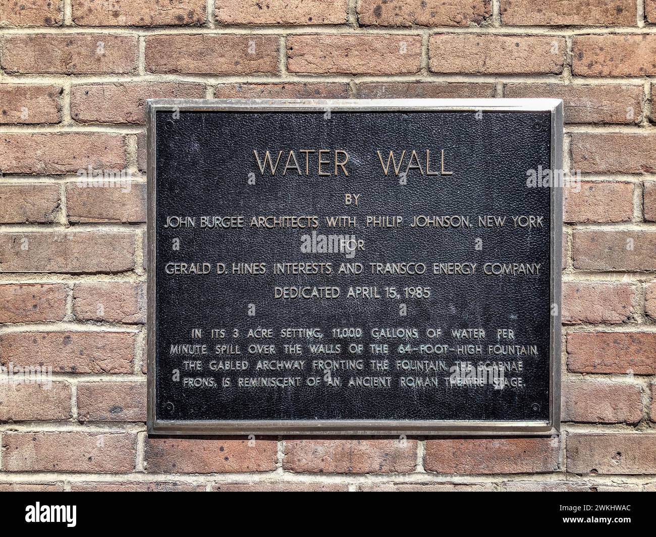 Houston, USA - October 21, 2023: signage for scenic water wall in Houston  built in 1985 with 11000 Gallons water per minute with reminiscent of an an Stock Photo