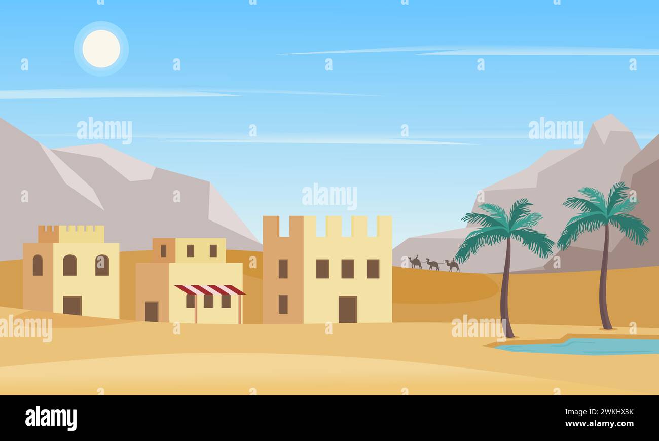 Desert landscape with oasis, house, and palm tree in day light. Arab ...