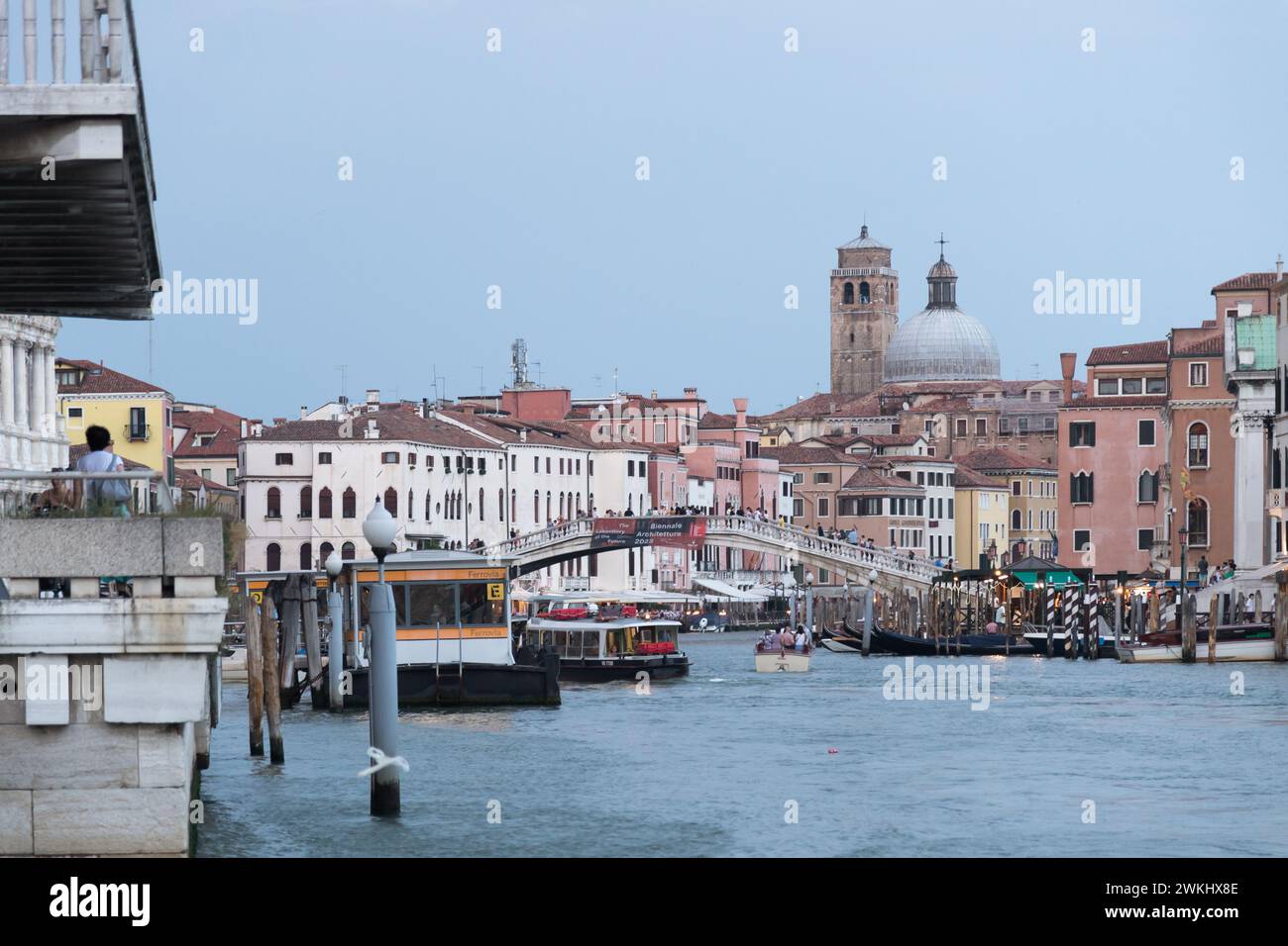 Ponte degli Scalzi (Scalzi Bridge) upon Canal Grande and Chiesa di San Geremia (San Geremia church) by Giorgio Massari from XVIII century in Cannaregi Stock Photo