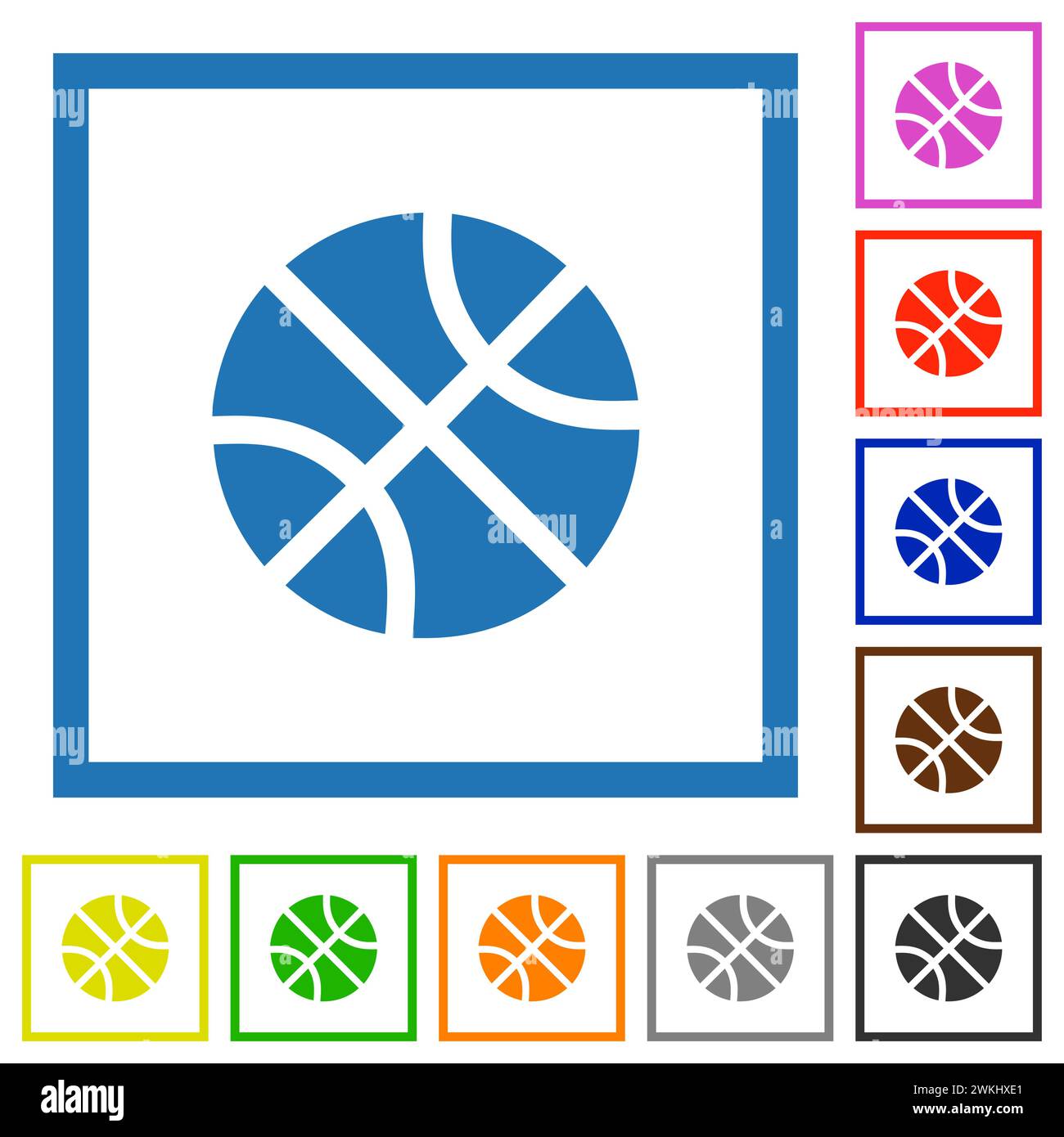 Basketball solid flat color icons in square frames on white background Stock Vector