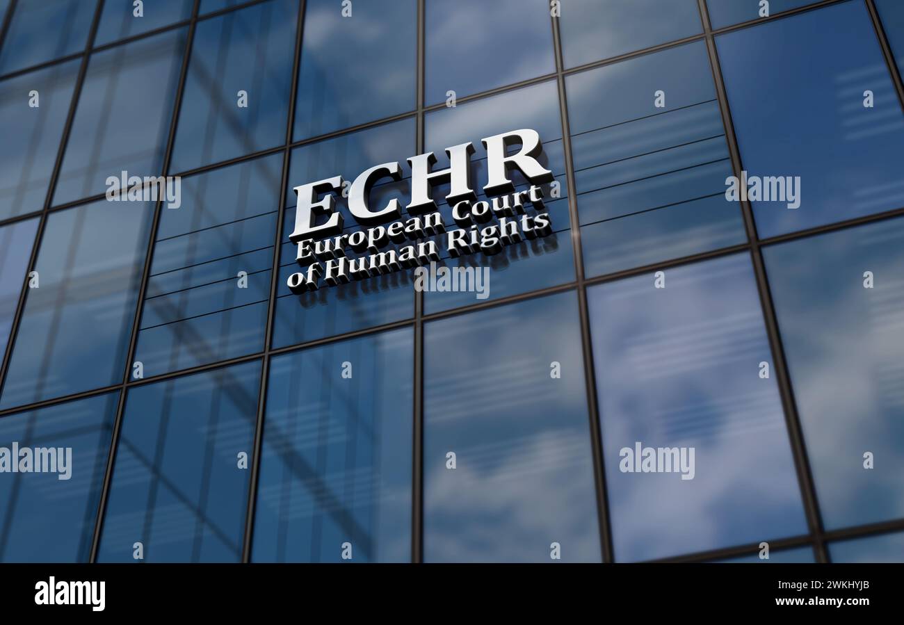 Strasbourg, France, February 20, 2024: ECHR european court of human rights glass building concept. EU judicial symbol logo on front facade 3d illustra Stock Photo