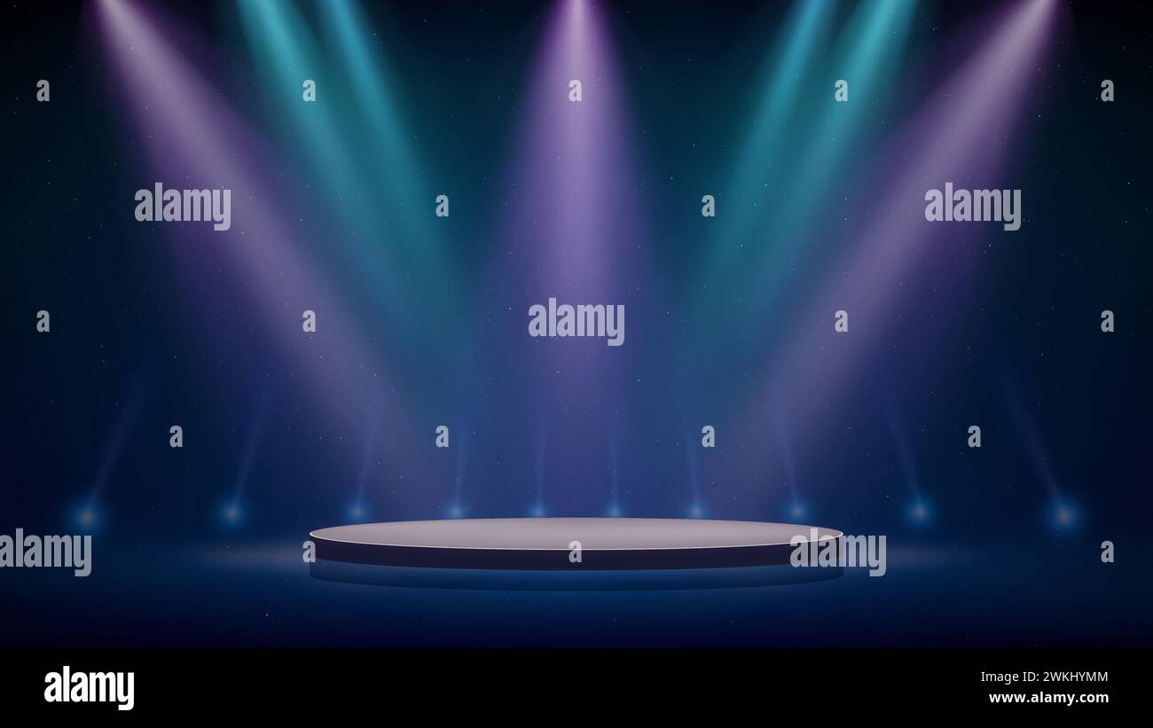 Stage, blue pink purple spotlights, podium. Background, backdrop for displaying products. Blue pink stage spotlight on dark background. Beams spotlght Stock Vector