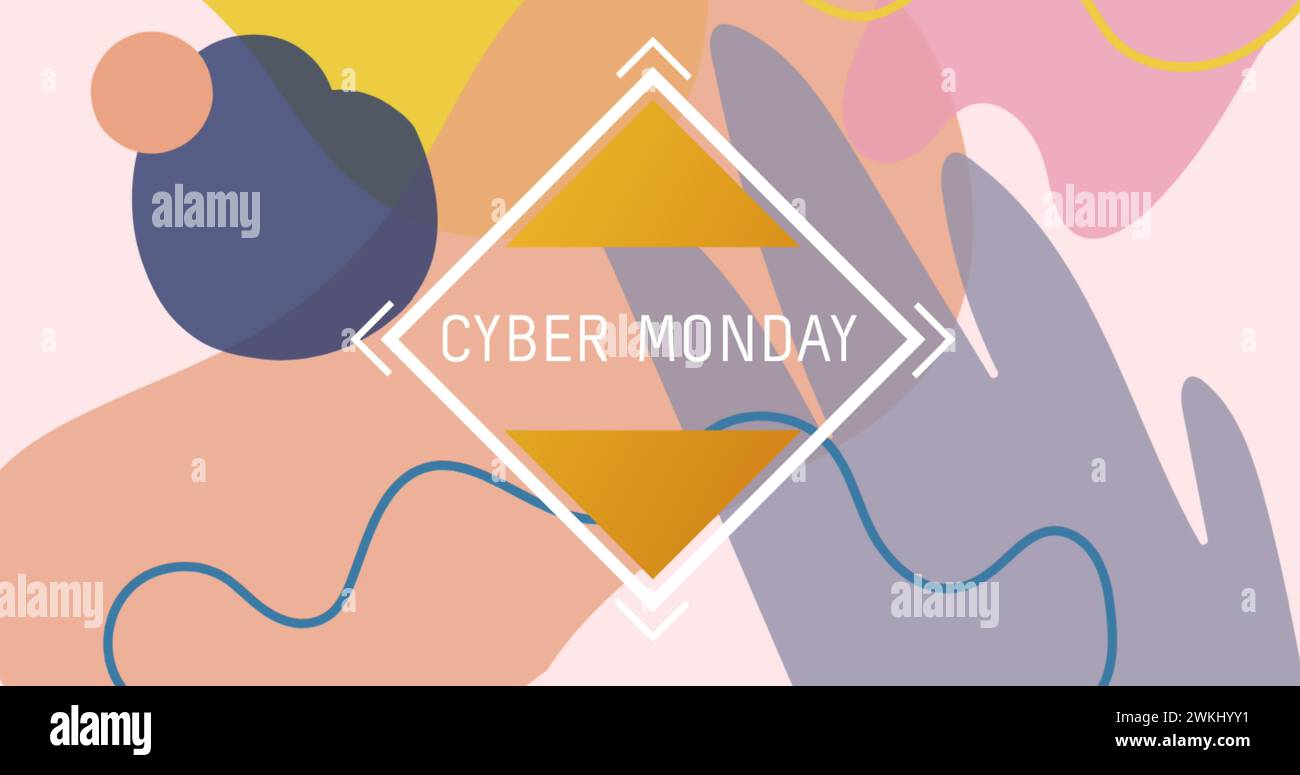 Image of cyber monday text in white frame over pastel abstract shapes on pink background Stock Photo