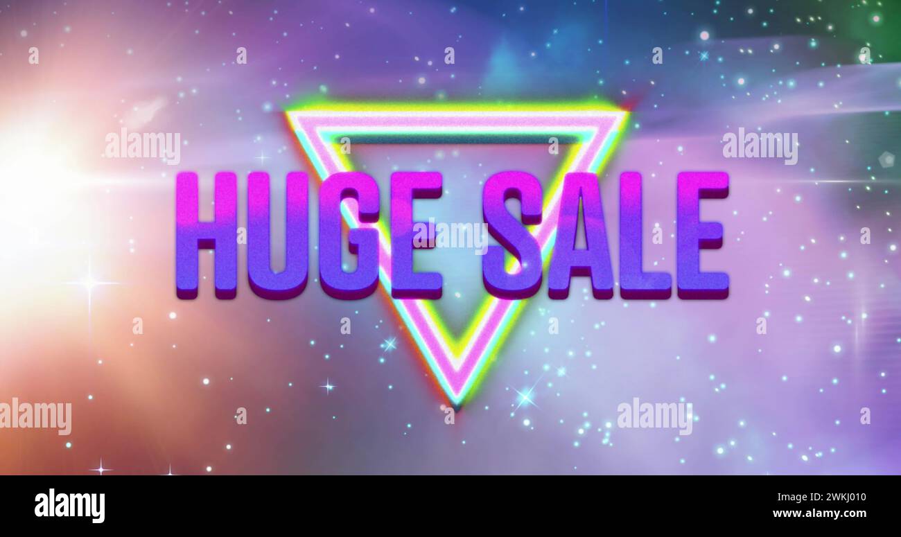 Image of retro huge sale purple text over neon triangle with stars on glowing background Stock Photo