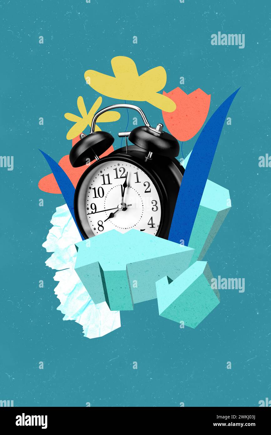 Collage conceptual picture of alarm clock and melting ice symbolizing ...