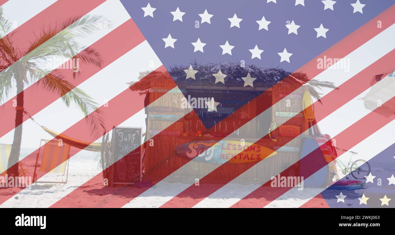Image of american flag revealing statue of liberty and beach bar Stock Photo