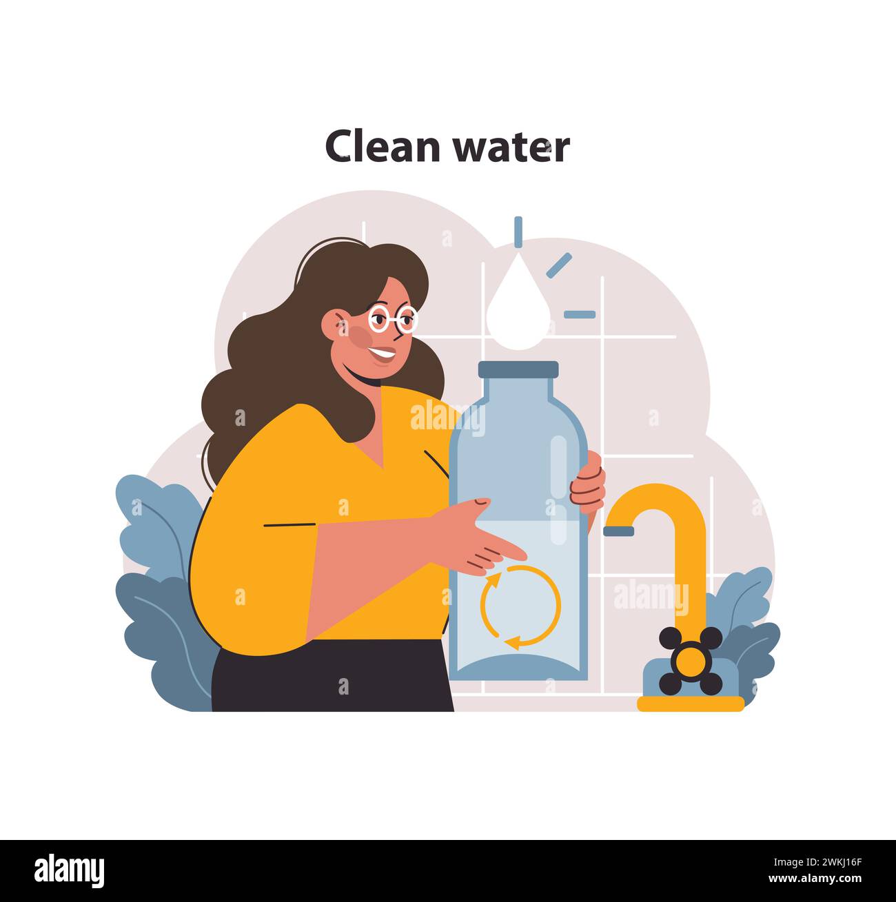Clean water. Woman pouring clean water from faucet. SDG or sustainable development goal. Environment protection, climate and nature preservation. Flat vector illustration Stock Vector