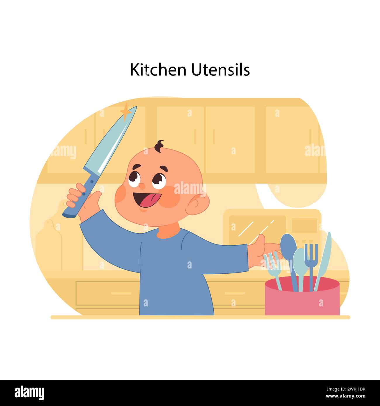Cutlery safety awareness. Happy toddler playfully and curiously wielding kitchen knife, unaware of potential danger it poses. Preventing injuries and accidents with kids. Flat vector illustration Stock Vector