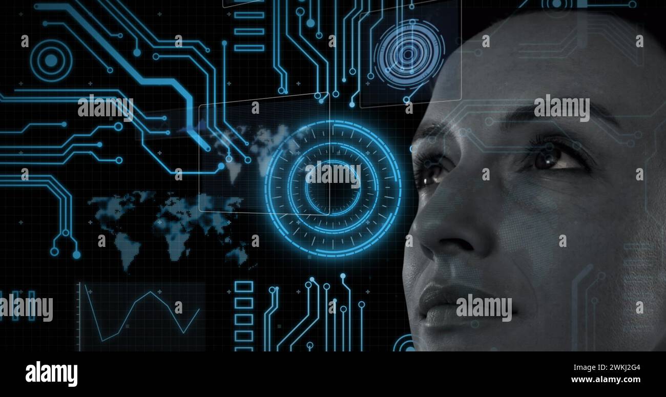 Image of digital interface with data processing over woman's face Stock Photo