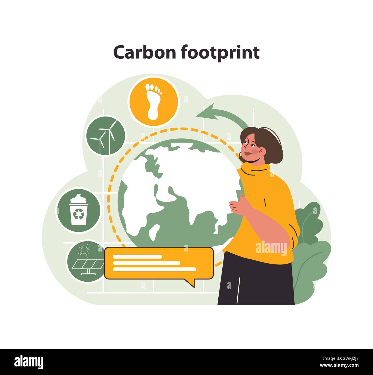 Woman evaluates global carbon footprint. Wind turbines, recycle bin ...