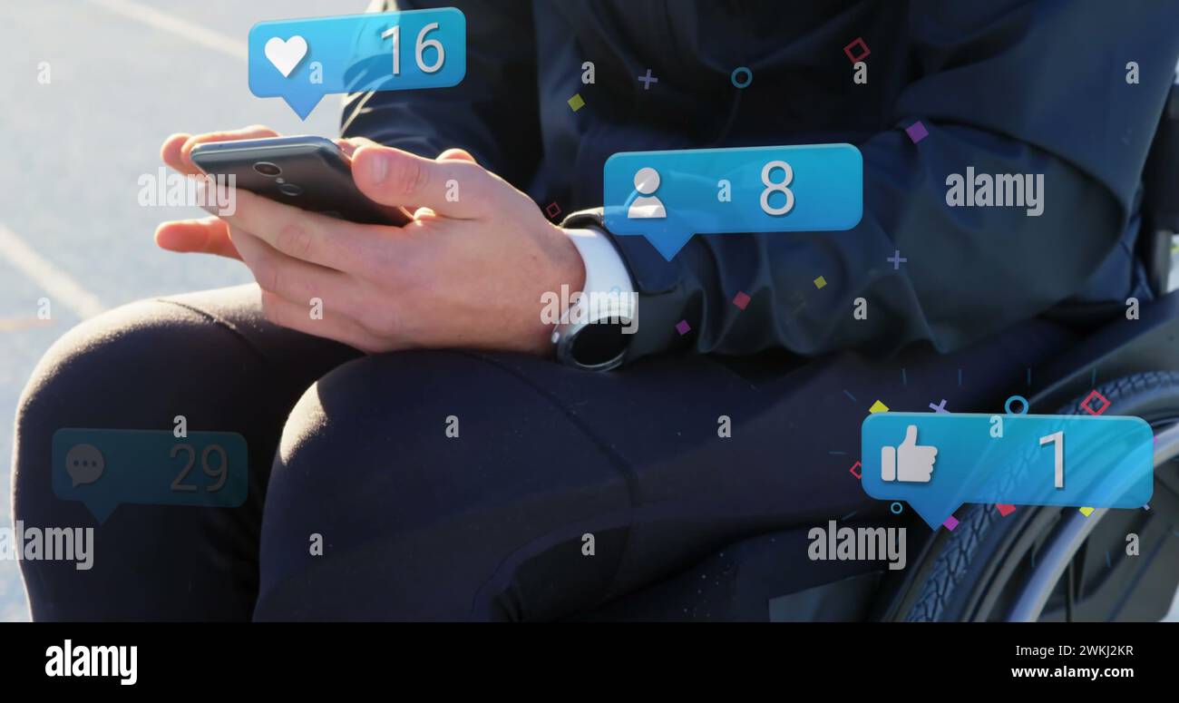 Image of icons with numbers over disabled cuacasian man sitting in