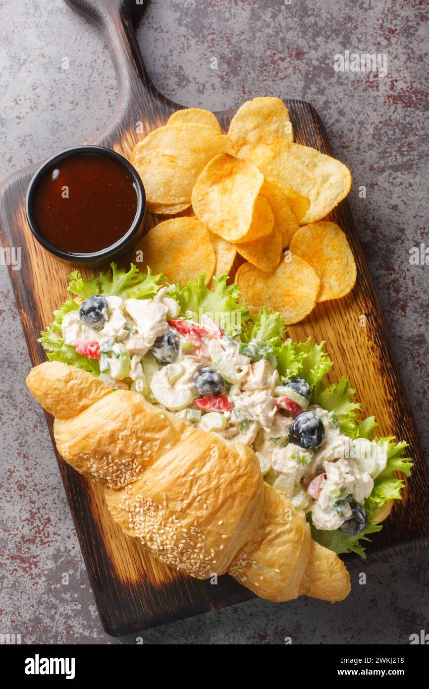 Chicken salad sandwich with grapes, onions, celery, dressed with mayonnaise with potato chips close-up on a wooden board on the table. Vertical top vi Stock Photo