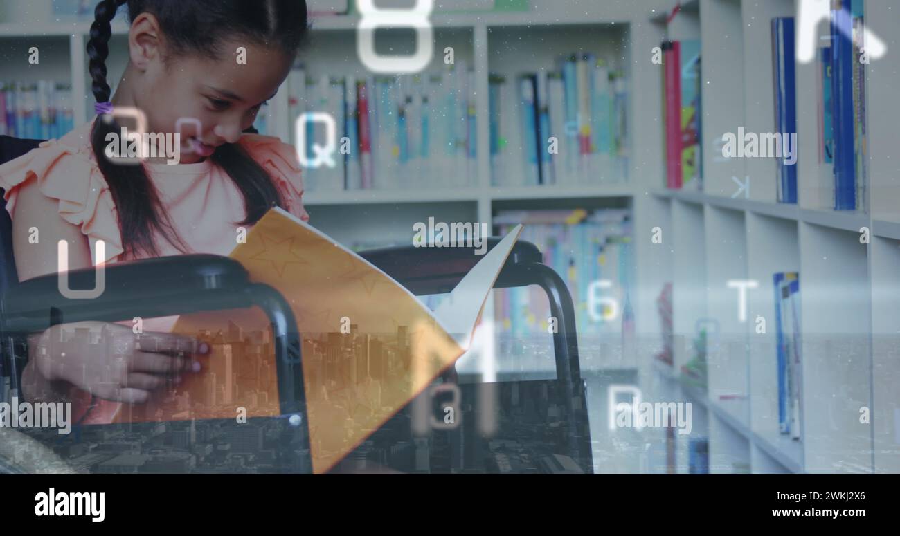 Image of data processing over disabled biracial girl sitting in ...