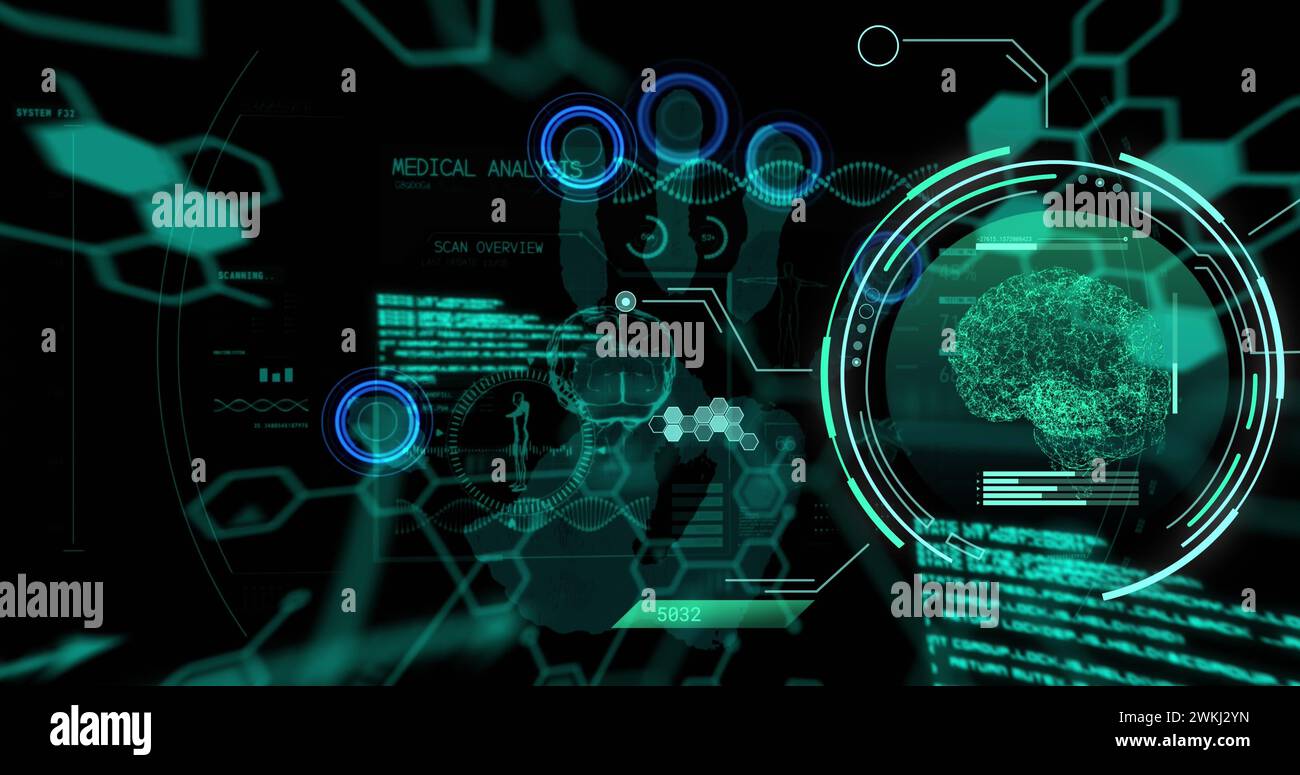 Image of data processing and brain with handprint on black background ...