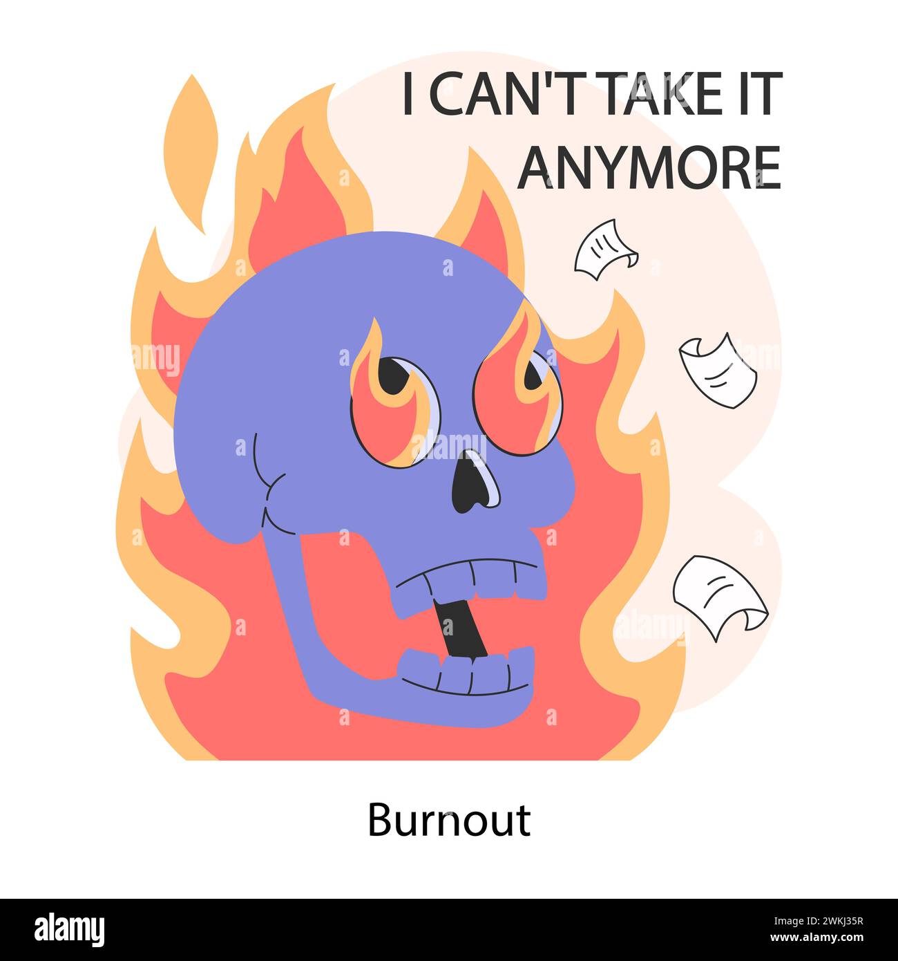 Professional burnout. Skull on fire. Worklife disbalance, burning