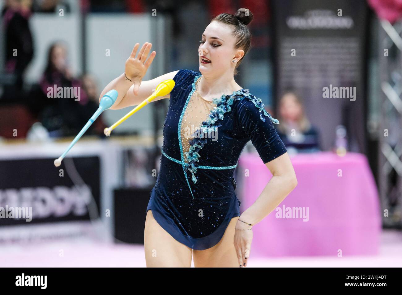 Chieti, Italy. 17 Feb, 2024. Margarita Kolosov of the Pontevecchio Bologna team competes with the clubs at the First Round of the Regular Season of th Stock Photo