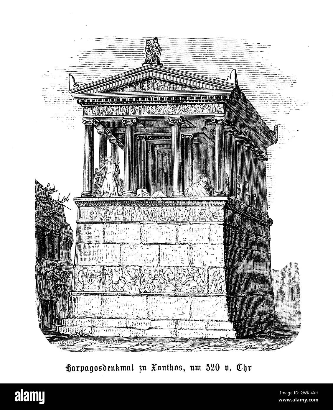 The Nereid Monument, excavated from Xanthos, the ancient Lycian capital, and now a centerpiece at the British Museum, stands as a remarkable testament to the fusion of Lycian and Greek artistic traditions. Erected in the 4th century BCE, this tomb was built to honor a Lycian ruler, possibly Arbinas, an ally of the Persian Empire. Its design, resembling a Greek temple with Ionic columns, is surmounted by a stepped pyramid and adorned with sculptural friezes depicting scenes of battle, mythology, and daily life, offering invaluable insights into ancient Lycia's society and beliefs. Stock Photo