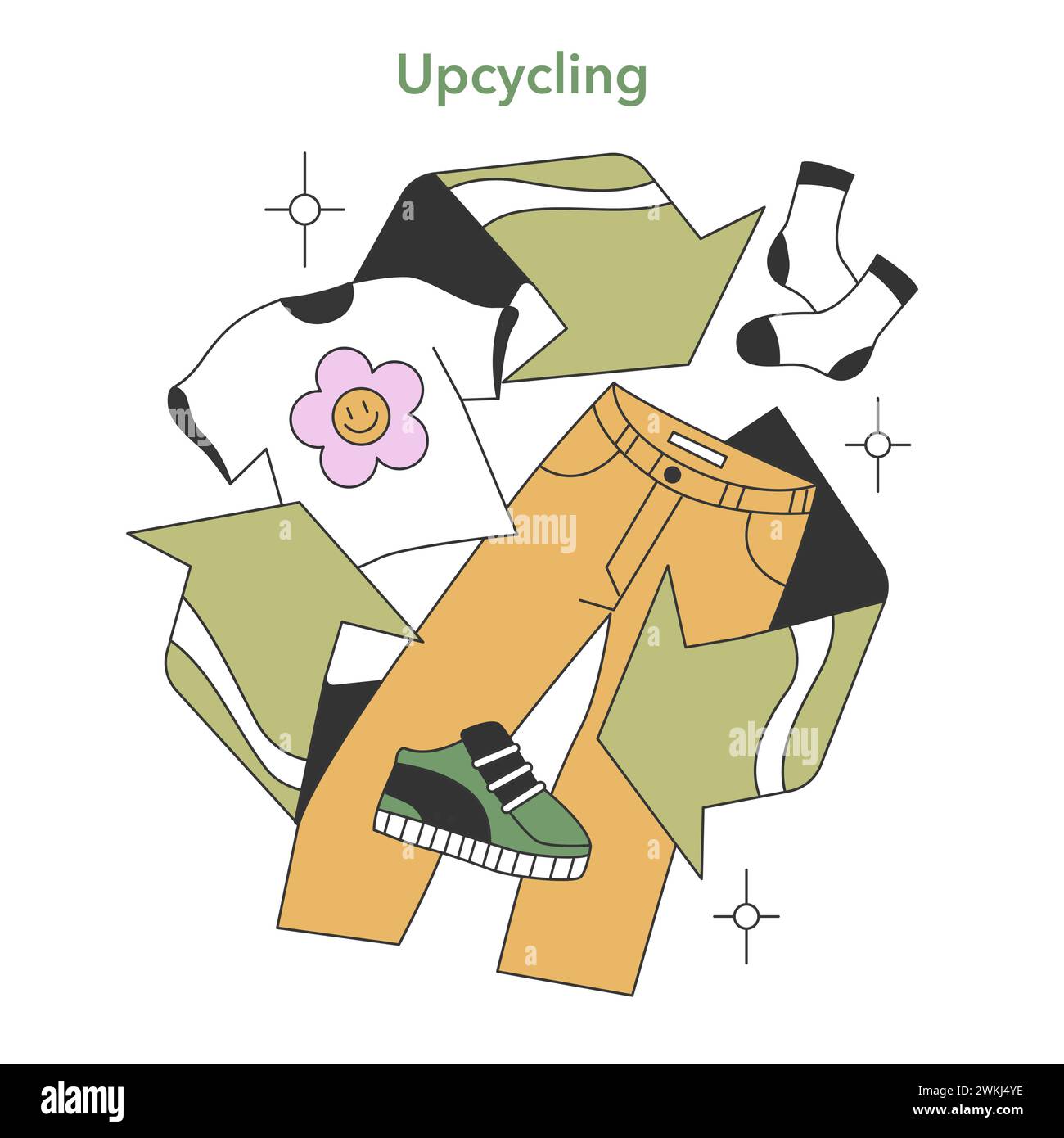 Upcycling concept. Clothing and footwear signify creative reuse and the transformation of waste into valuable products. Flat vector illustration Stock Vector